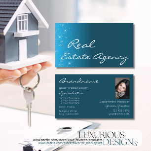 Elegant Teal Gnistra Chic Glitter Stars med foto Visitkort