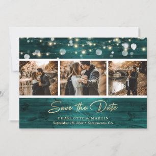 Elegant Teal Gold Foil Wood Bröllop 3 Photo Spara Datumet