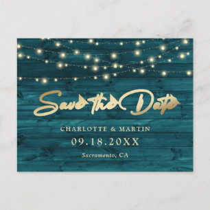 Elegant Teal Gold Foil Wood Save Date Meddelande Vykort