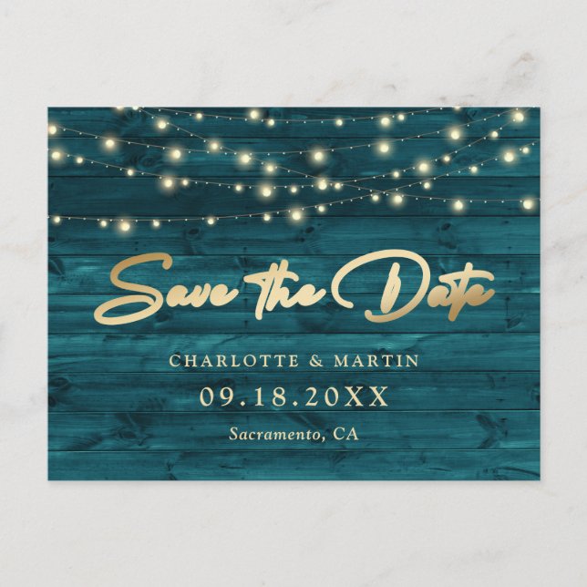 Elegant Teal Gold Foil Wood Save Date Meddelande Vykort (Framsida)