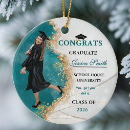 Elegant Teal & Gold Graduate Personalized Photo  Julgransprydnad Keramik