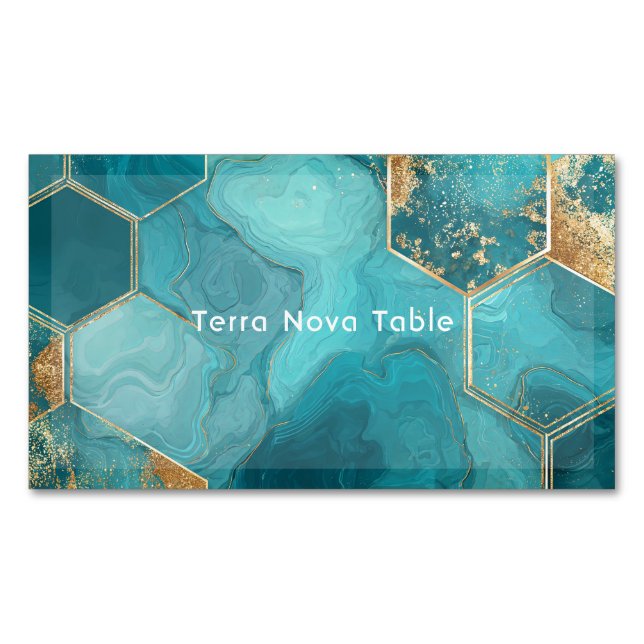 Elegant Teal Gold Hexagon Geometric Liquid Marble Magnetiska Visitkort (Framsida)