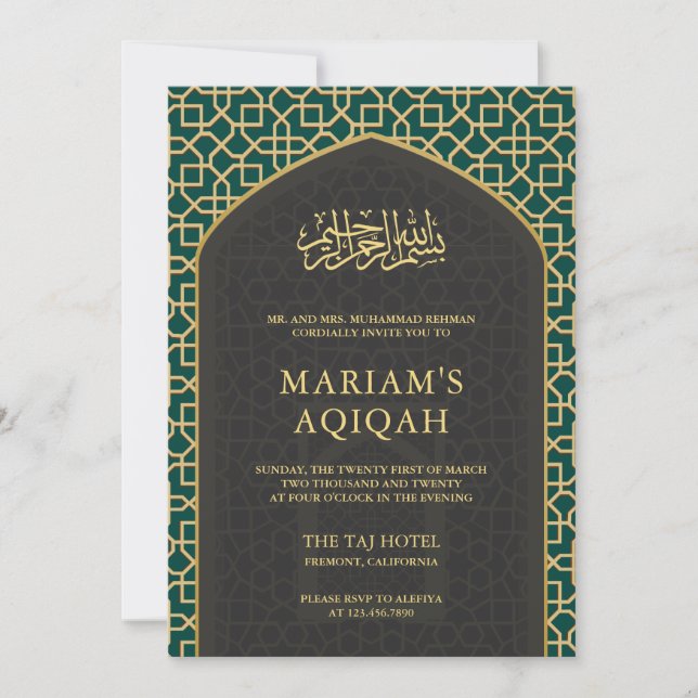 Elegant Teal Grå Guld Islamisk Mihrab Aqiqah Inbjudningar (Framsida)