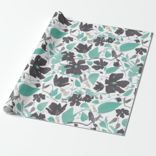 Elegant Teal Grått Brown Clematis Blommönster Presentpapper