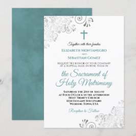 Elegant Teal & Grått Frills Modern katolska Bröllo Inbjudningar
