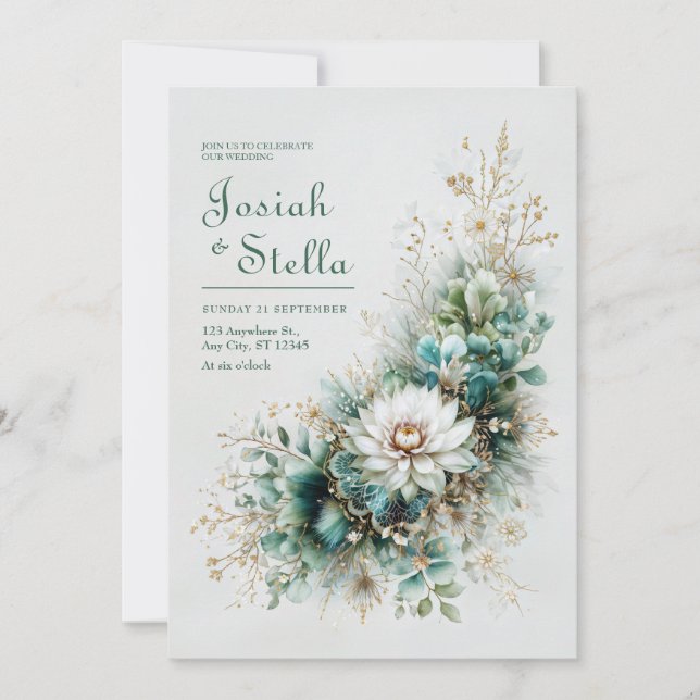 Elegant Teal Green Gold White Floral Wedding Inbjudningar (Framsida)