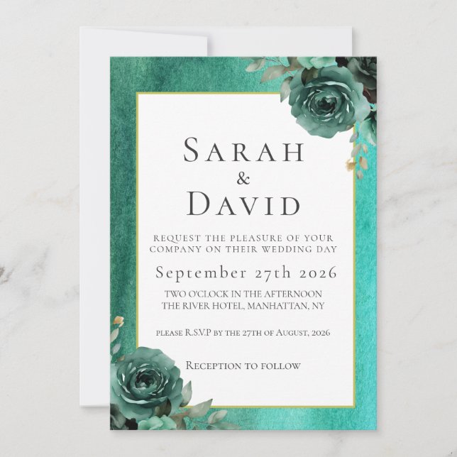 Elegant Teal Green Watercolor Floral Wedding Inbjudningar (Framsida)