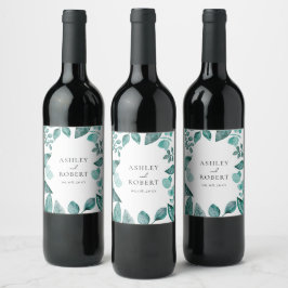 Elegant Teal Greenery Personlig Bröllop Flaska Vinflaska Etikett