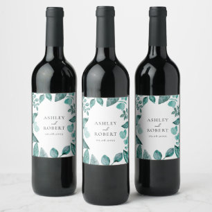 Elegant Teal Greenery Personlig Bröllop Flaska Vinflaska Etikett