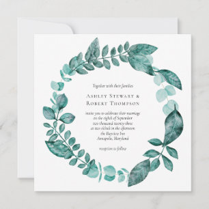 Elegant Teal Greenery Watercolor Modern Bröllop Inbjudningar