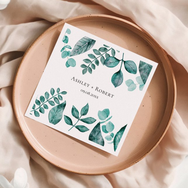 Elegant Teal Greenery Watercolor Modern Bröllop Pappersservett (Skapare uppladdad)