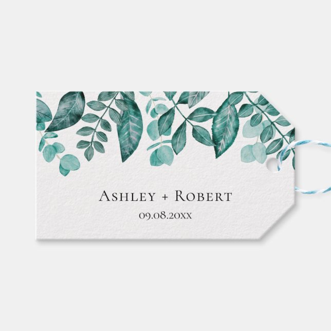 Elegant Teal Greenery Watercolor Modern Bröllop Presentetikett (Framsidan (Horisontell))