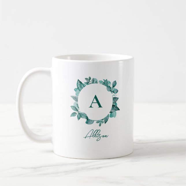 Elegant Teal Greenery Watercolor Monogram Kaffemugg (Vänster)