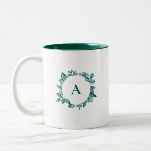 Elegant Teal Greenery Watercolor Monogram Två-Tonad Mugg