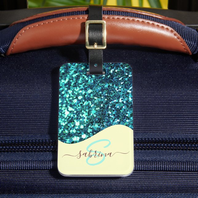 Elegant Teal Grönt Drip Glitter Monogrammed Namn Bagagebricka (Framsida Insitu 2)