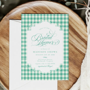 Elegant Teal Grönt Gingham Script-Möhippa Inbjudningar