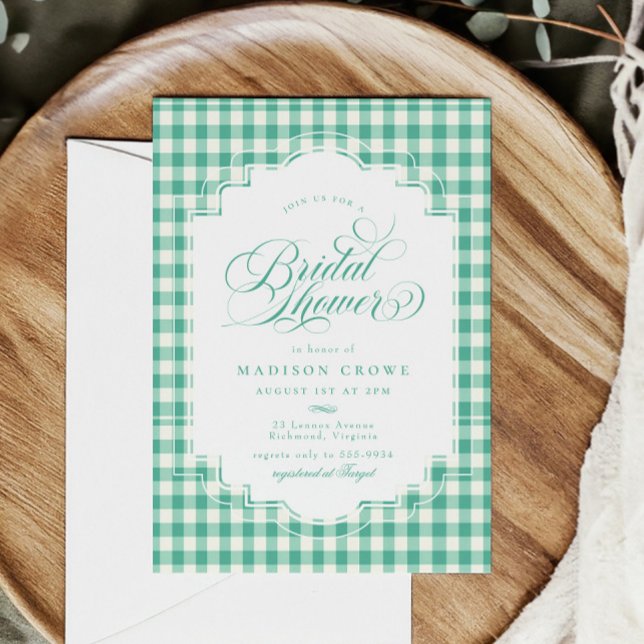 Elegant Teal Grönt Gingham Script-Möhippa Inbjudningar (Skapare uppladdad)