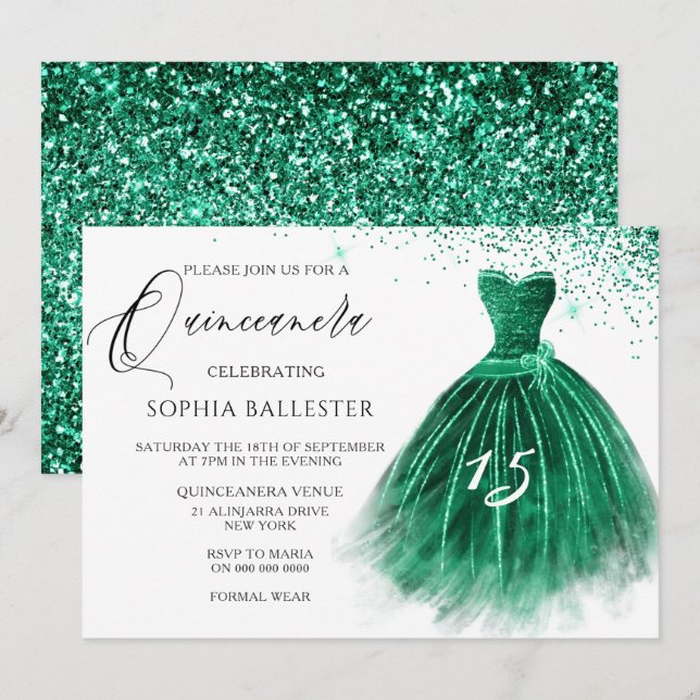 Elegant Teal Grönt Glitter Gown Quinceanera Party Inbjudningar (Fram/baksida)