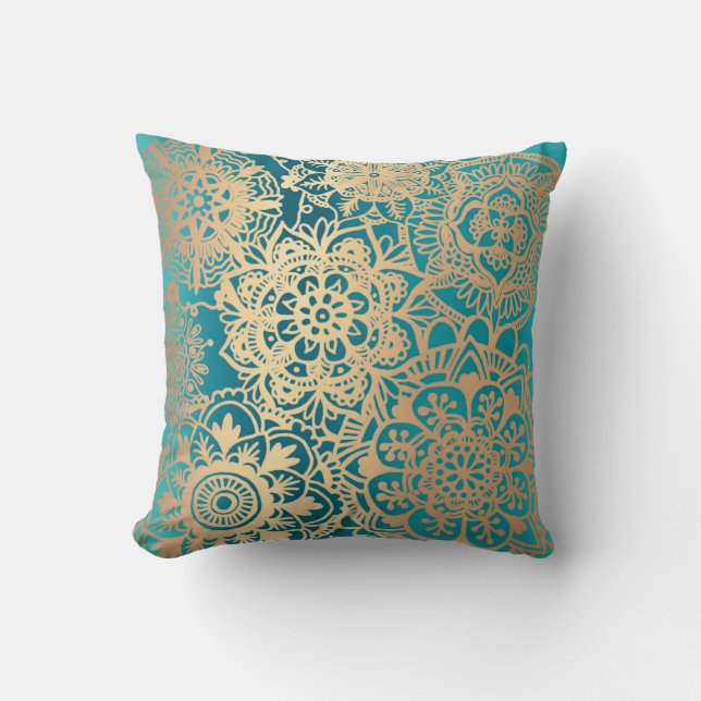 Elegant Teal Grönt Guld Mandala Mönster Kudde (Framsida)
