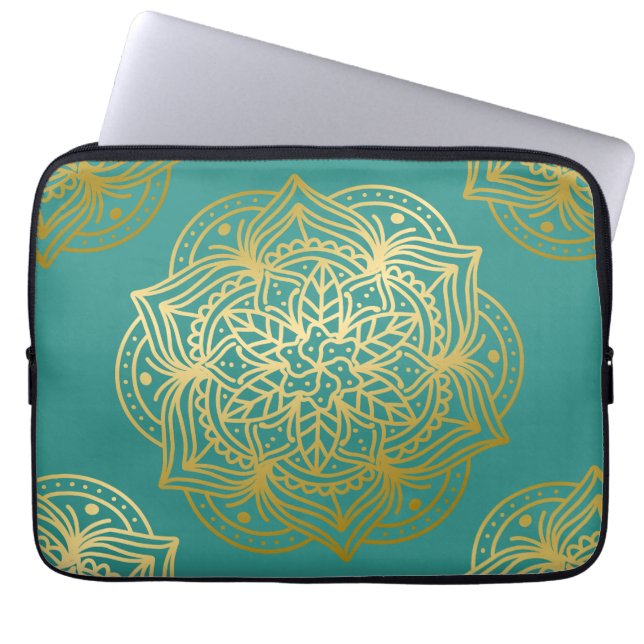 Elegant Teal Grönt Guld Mandala Mönster Laptop Fodral (Framsidan)