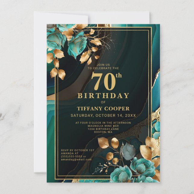 Elegant Teal Guld 70:e Födelsedagsfesten Inbjudningar (Framsida)