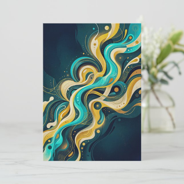 Elegant Teal Guld Abstrakt Flödeskonst Inbjudningar (Stående Fram)