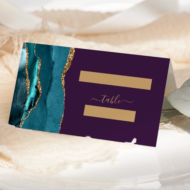 Elegant Teal Guld Agat Lila Bröllop Placeringskort (Skapare uppladdad)