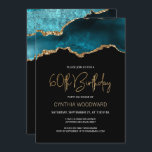 Elegant Teal Guld Agate 60:e Födelsedagsfesten Inbjudningar<br><div class="desc">Trendigets 60-årsinbjudan innehåller en vattenfärgsbild av en agate-geod i färgnyanser med faux guld-högdagrar. "60:e födelsedagen" i ord visas i faux guld glitter i dekorativt modernt handskriftsteckensnitt. Anpassa den med heoträdets namn i guld färgad och detaljerna i vitt. Samma tealagatbild visas på baksidan.</div>