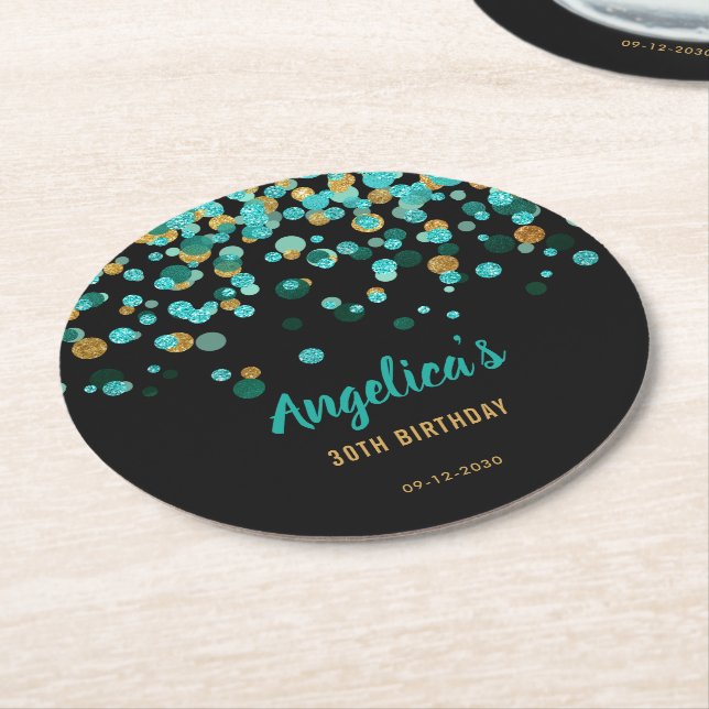 Elegant Teal Guld Black Glitter Confetti Birthday Underlägg Papper Rund (Vinklad)
