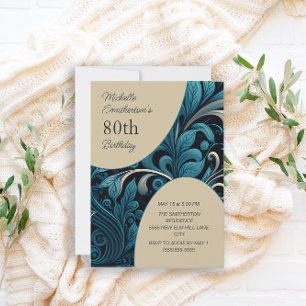 Elegant Teal Guld Blommig 80-årsdag Inbjudningar