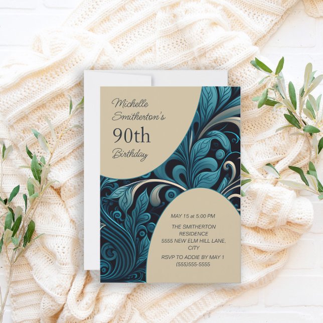Elegant Teal Guld Blommig 90-årsdag Inbjudningar (Skapare uppladdad)