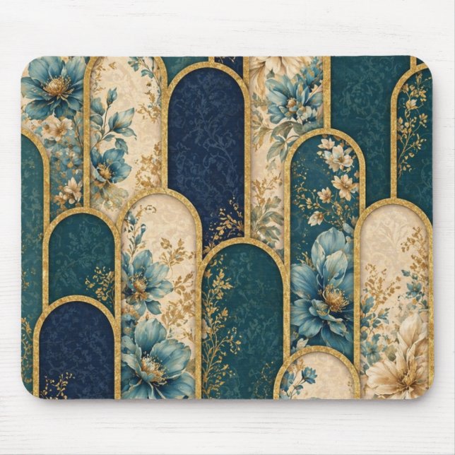 Elegant Teal & Guld Blommig Båge Musmatta (Framsidan)