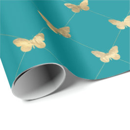 Elegant Teal Guld Butterfly Mönster Presentpapper