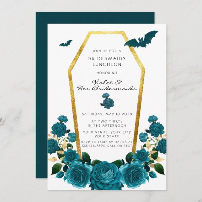 Elegant Teal Guld Coffin Blommigt Bridesmaids Lunc Inbjudningar (Fram/baksida)