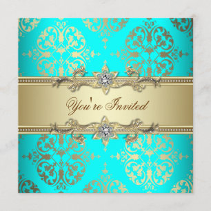 Elegant Teal Guld Damask Festlig Samling Inbjudningar