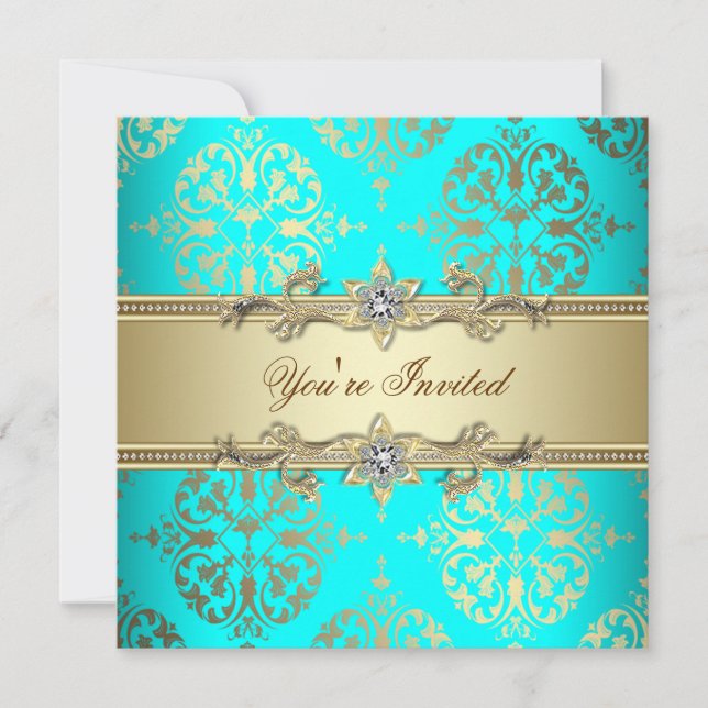 Elegant Teal Guld Damask Festlighet Inbjudningar (Framsida)