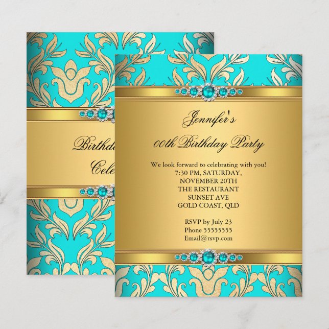 Elegant Teal Guld Damast Pärl Födelsedagsfest Inbjudningar (Fram/baksida)