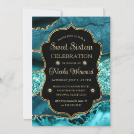 Elegant Teal & Guld Glitter Agate Sweet sixteen Inbjudningar
