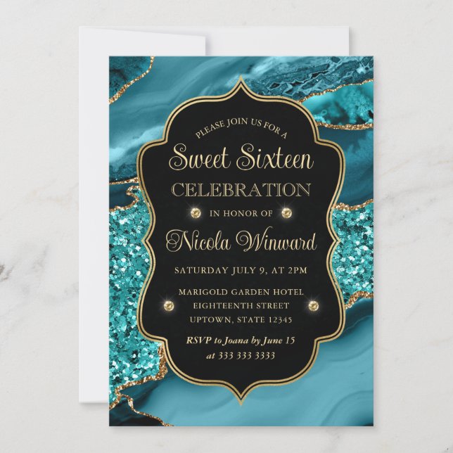 Elegant Teal & Guld Glitter Agate Sweet sixteen Inbjudningar (Framsida)