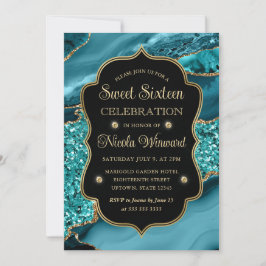 Elegant Teal & Guld Glitter Agate Sweet sixteen Inbjudningar
