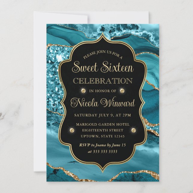 Elegant Teal & Guld Glitter Agate Sweet sixteen Inbjudningar (Framsida)