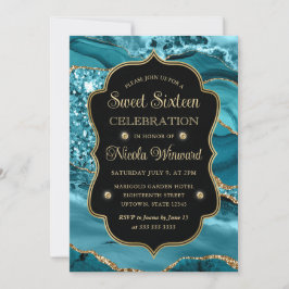 Elegant Teal & Guld Glitter Agate Sweet sixteen Inbjudningar