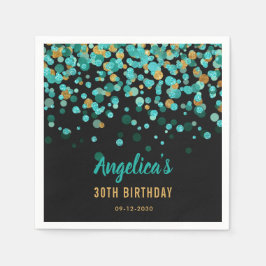 Elegant Teal Guld Glitter Confetti Black Birthday Pappersservett