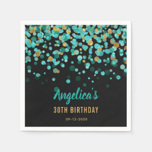 Elegant Teal Guld Glitter Confetti Black Birthday Pappersservett