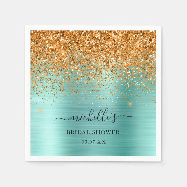 Elegant Teal Guld Glitter Gnistra Namn Pappersservett (Framsidan)