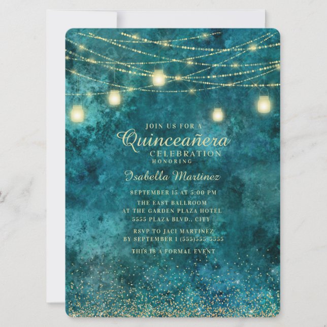 Elegant Teal Guld Glitter String Light Quinceañera Inbjudningar (Framsida)