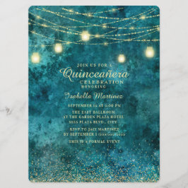 Elegant Teal Guld Glitter String Light Quinceañera Inbjudningar