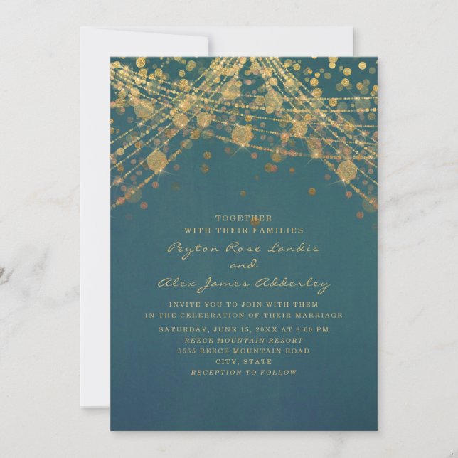 Elegant Teal Guld Glitter String Ljus Bröllop Inbjudningar (Framsida)