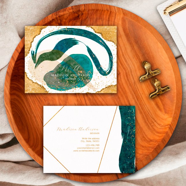 Elegant teal guld glitter unik akvarell visitkort (Skapare uppladdad)
