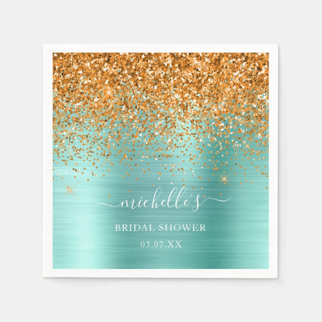 Elegant Teal Guld Glitter Vita Gnistran Namn Pappersservett (Framsidan)